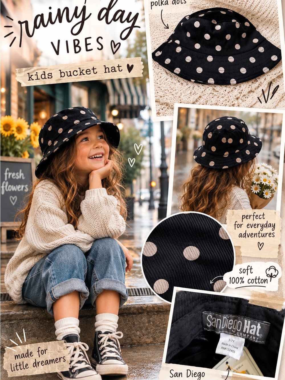 San Diego Hat Company Black Bucket Hat with Beige Polka Dots